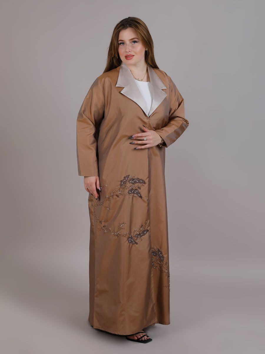 Brown Taffeta Embroidered Abaya With lapel Collar