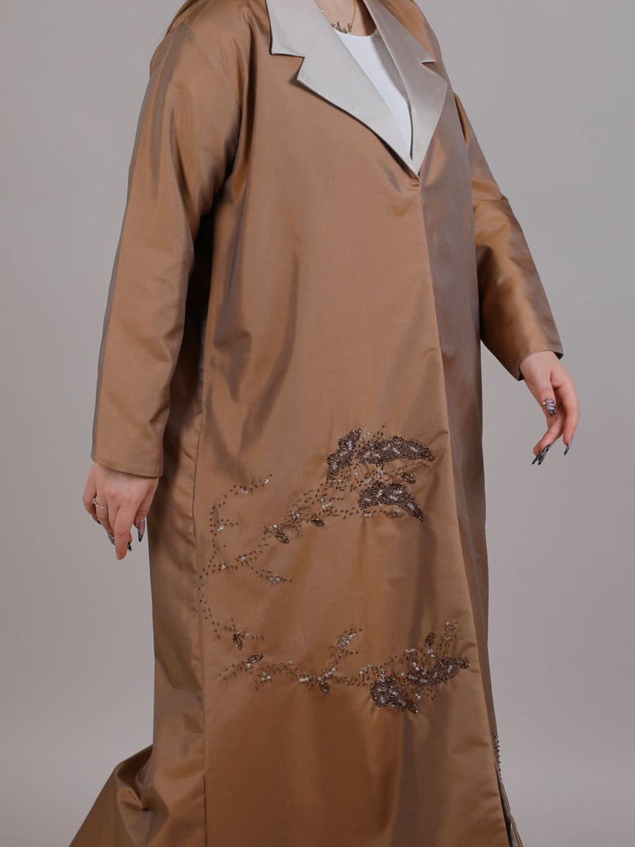 Brown Taffeta Embroidered Abaya With lapel Collar