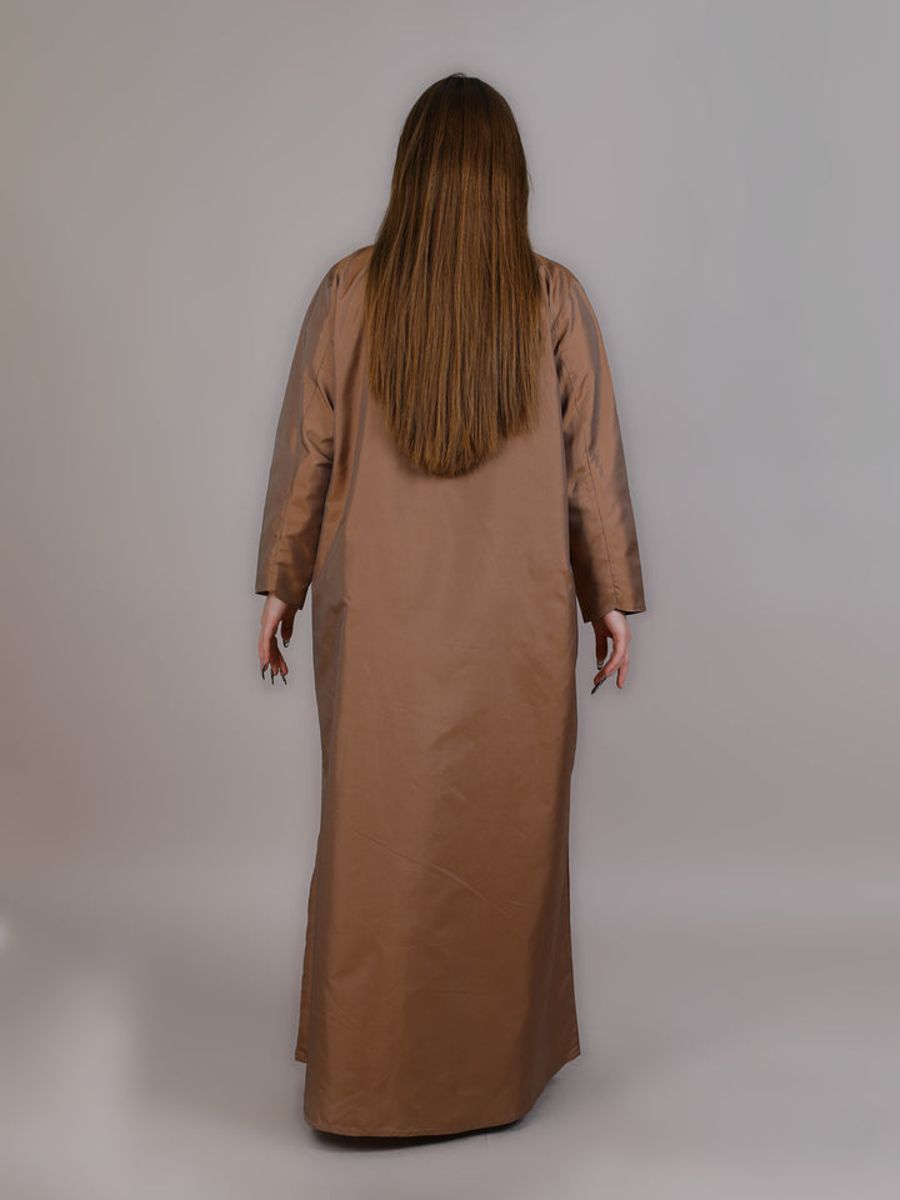 Brown Taffeta Embroidered Abaya With lapel Collar