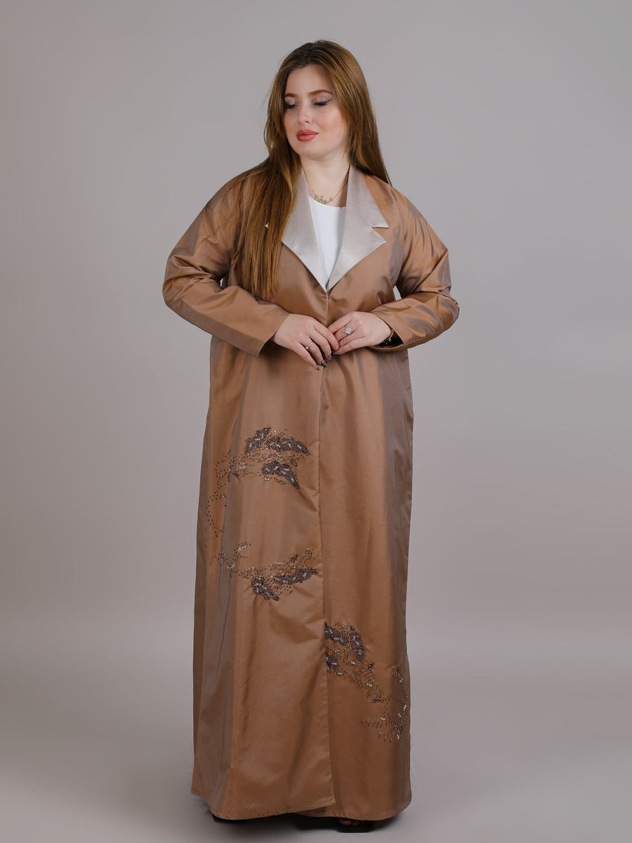 Brown Taffeta Embroidered Abaya With lapel Collar