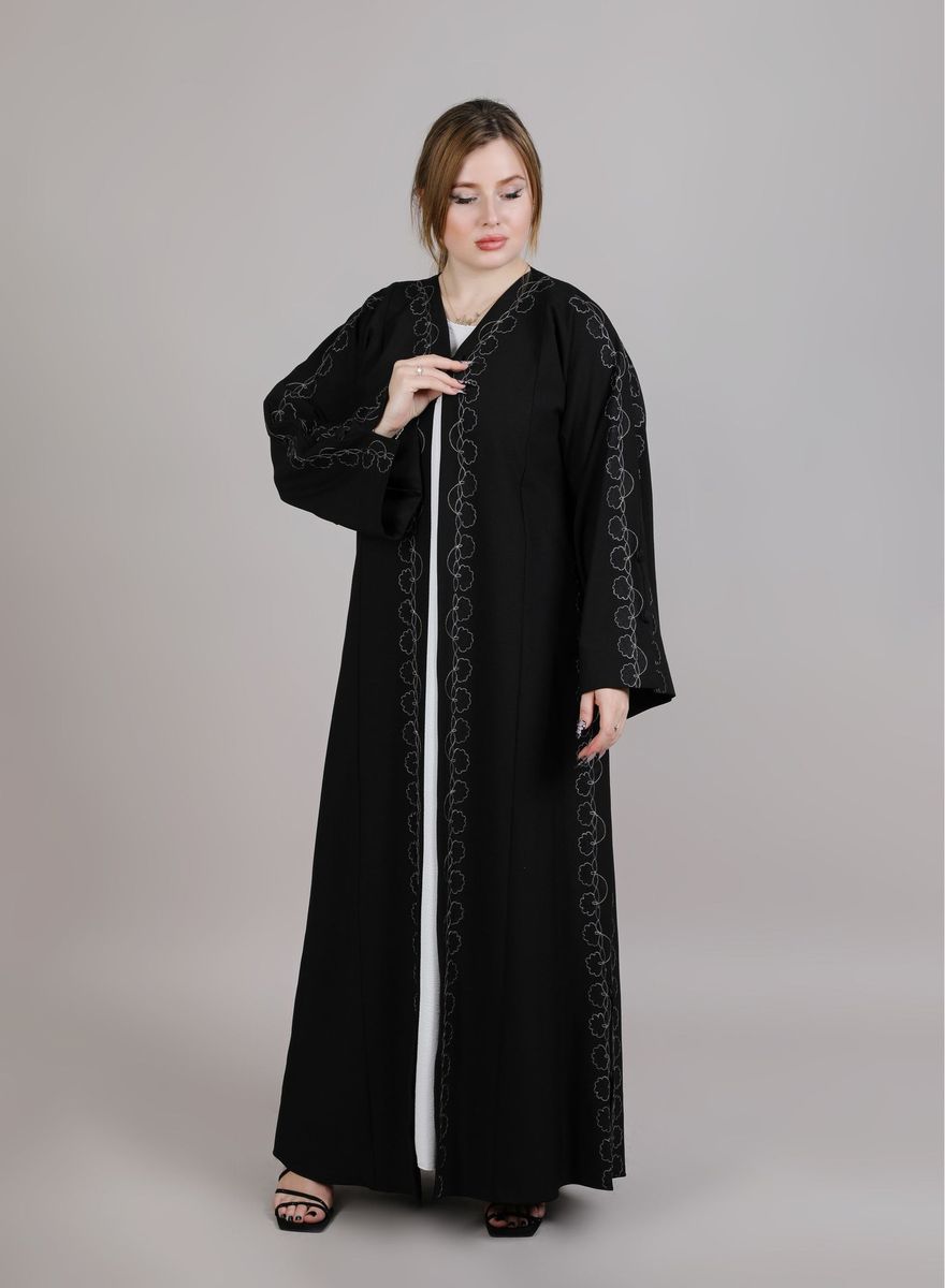 Black Crepe Embroidered Abaya With Split Cuffs