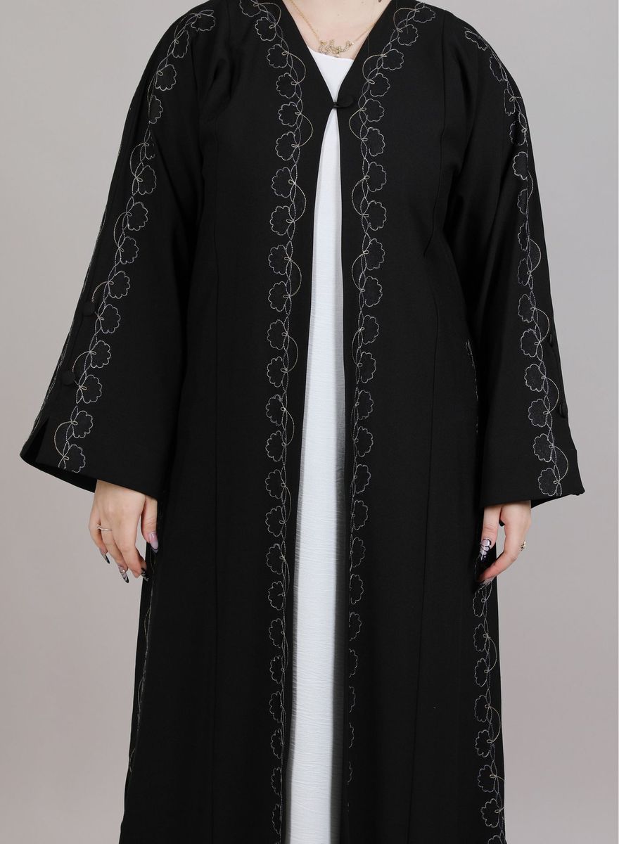 Black Crepe Embroidered Abaya With Split Cuffs