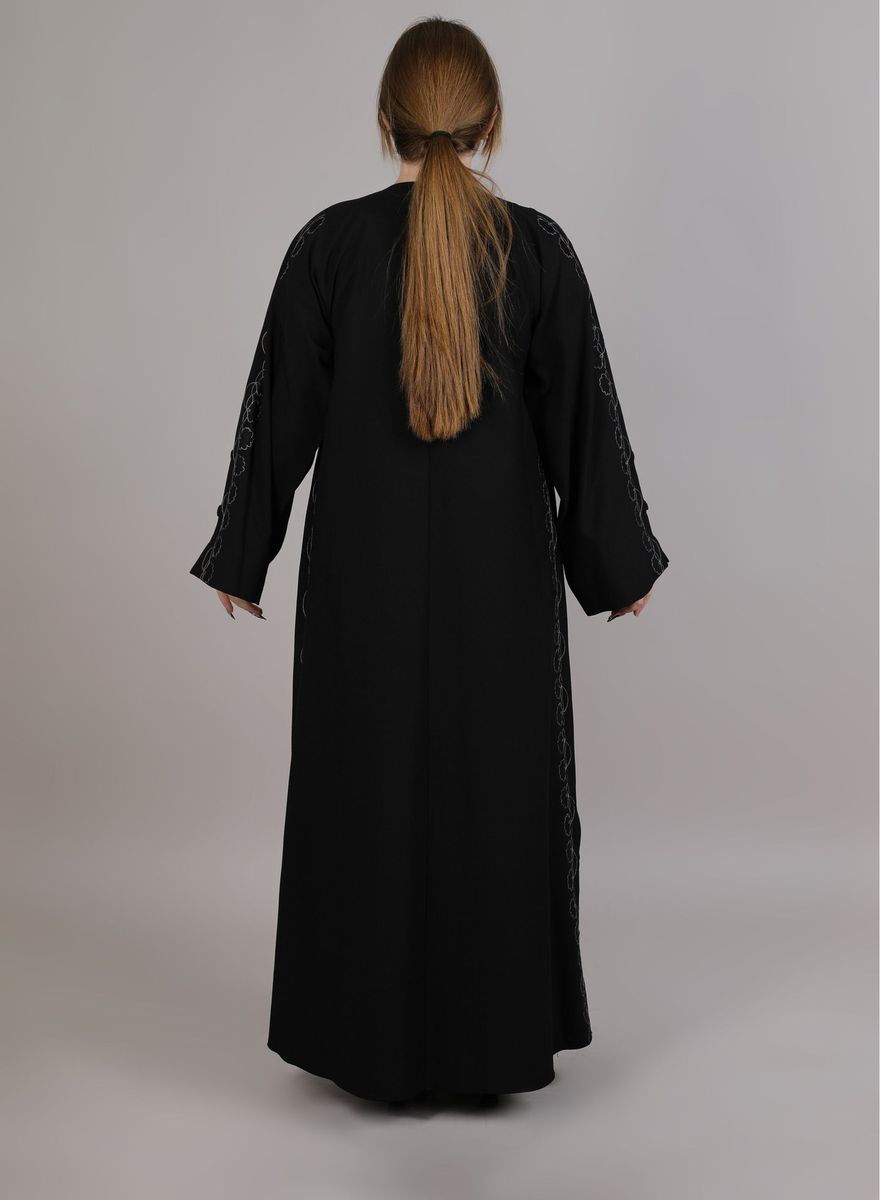 Black Crepe Embroidered Abaya With Split Cuffs