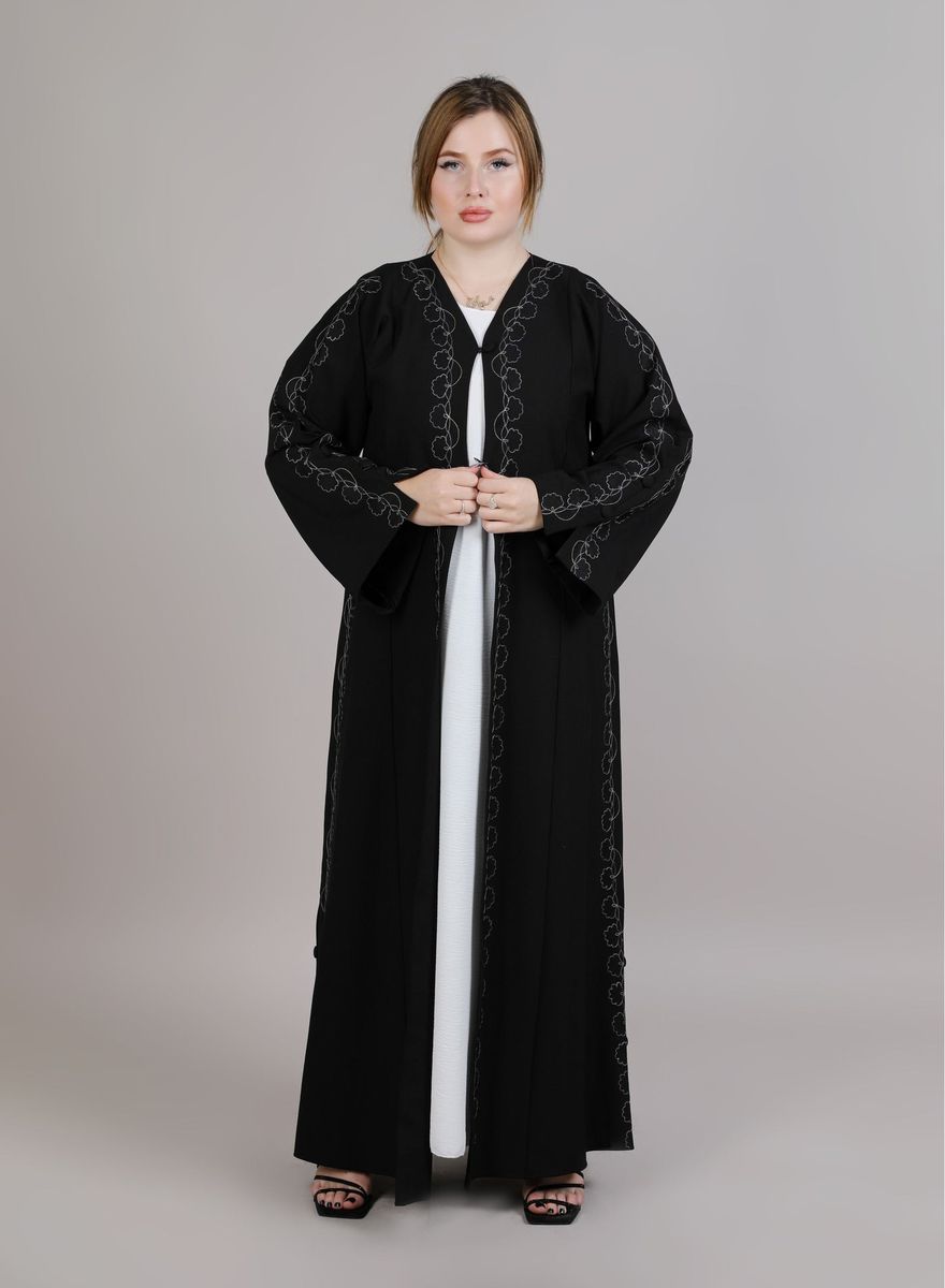 Black Crepe Embroidered Abaya With Split Cuffs