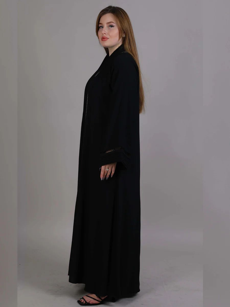 Black Korean Nida with Lace & Plated Combination Abaya