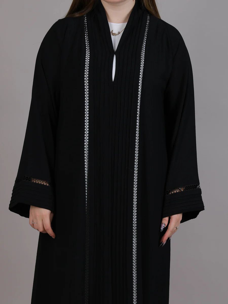 Black Korean Nida with Lace & Plated Combination Abaya