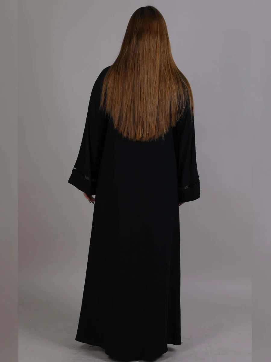 Black Korean Nida with Lace & Plated Combination Abaya