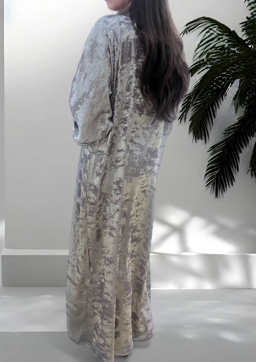 Front Open Double Shade Olive Grey Silk Abaya