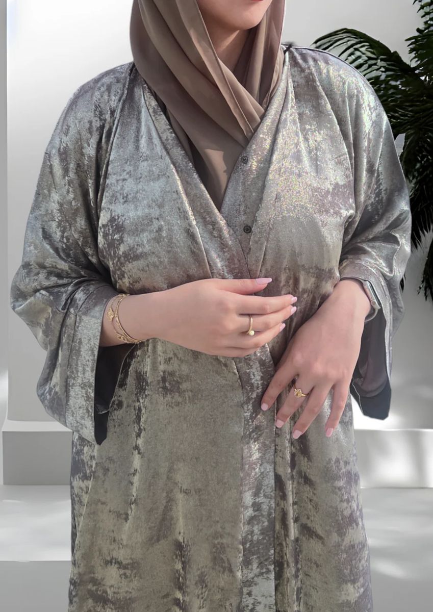 Front Open Double Shade Olive Grey Silk Abaya