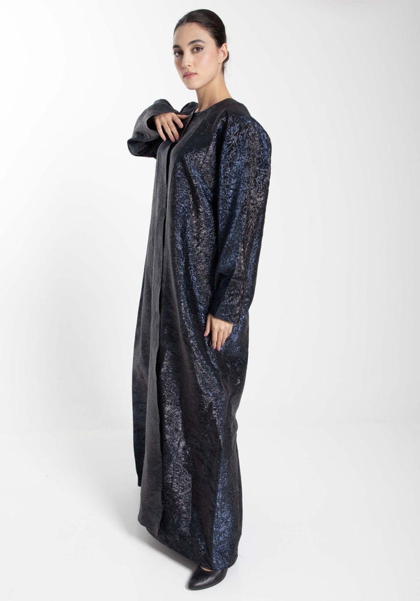Front Open Black And Blue Shade Jacquard Abaya Front Open Black And Blue Shade Jacquard Abaya