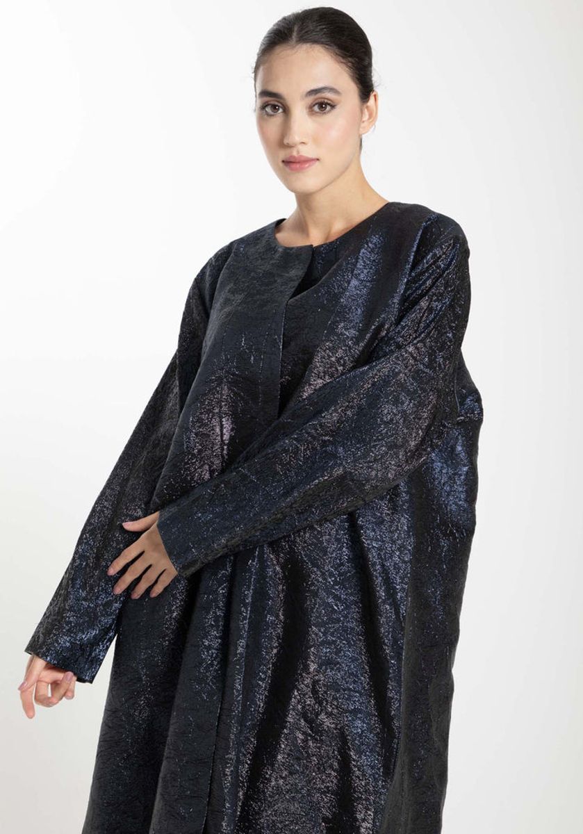 Front Open Black And Blue Shade Jacquard Abaya Front Open Black And Blue Shade Jacquard Abaya