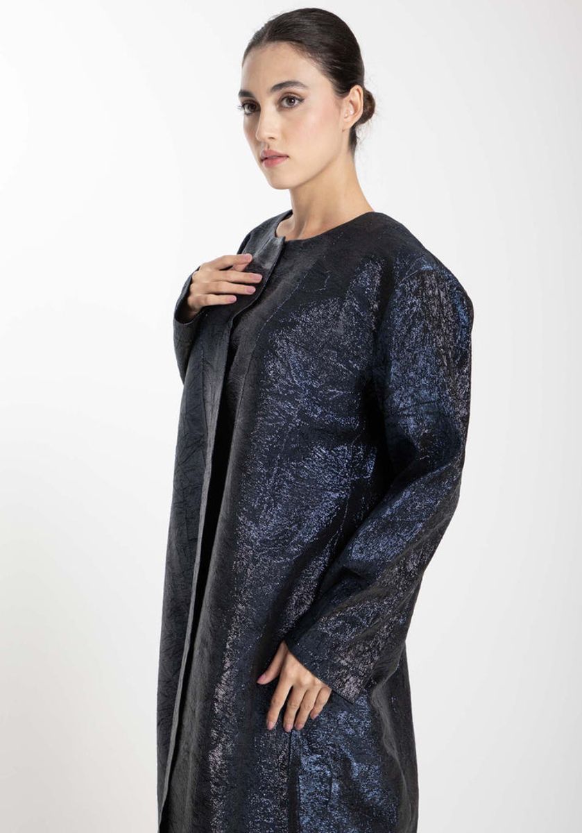 Front Open Black And Blue Shade Jacquard Abaya Front Open Black And Blue Shade Jacquard Abaya