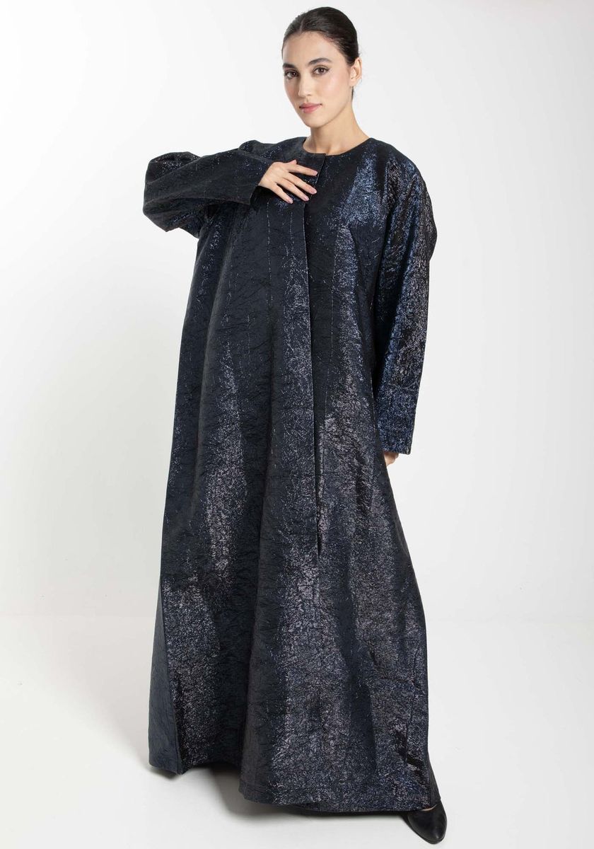 Front Open Black And Blue Shade Jacquard Abaya Front Open Black And Blue Shade Jacquard Abaya