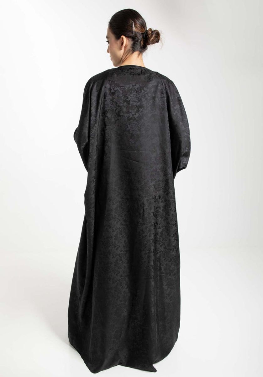 Front Open Black Fukhroo Self Design Abaya