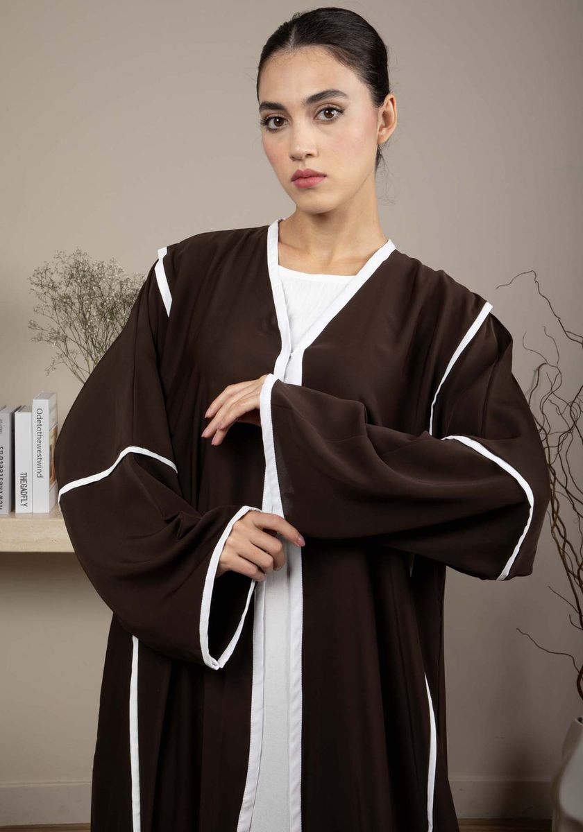 Elegant Front Open Brown Nida Abaya with White Contrast Piping