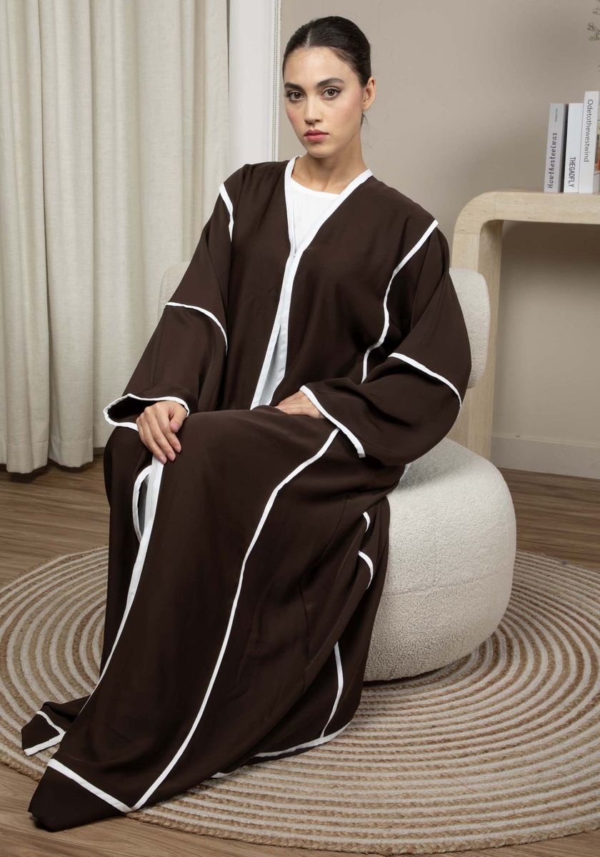 Elegant Front Open Brown Nida Abaya with White Contrast Piping