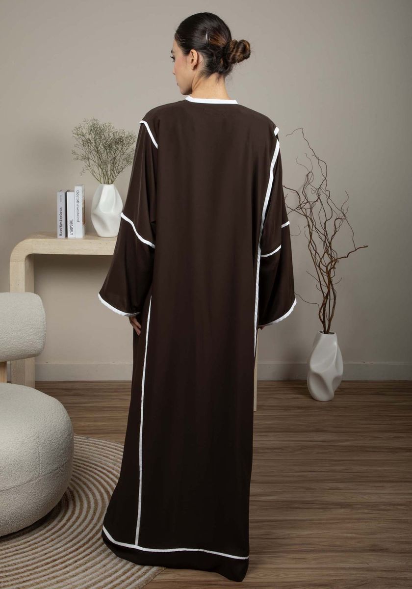 Elegant Front Open Brown Nida Abaya with White Contrast Piping