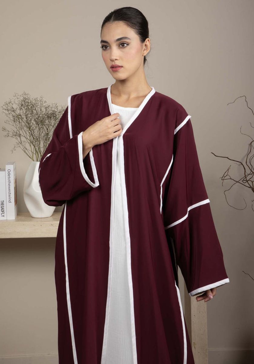Elegant Front Open Maroon Nida Abaya with White Contrast Piping Elegant Front Open Maroon Nida Abaya with White Contrast Piping
