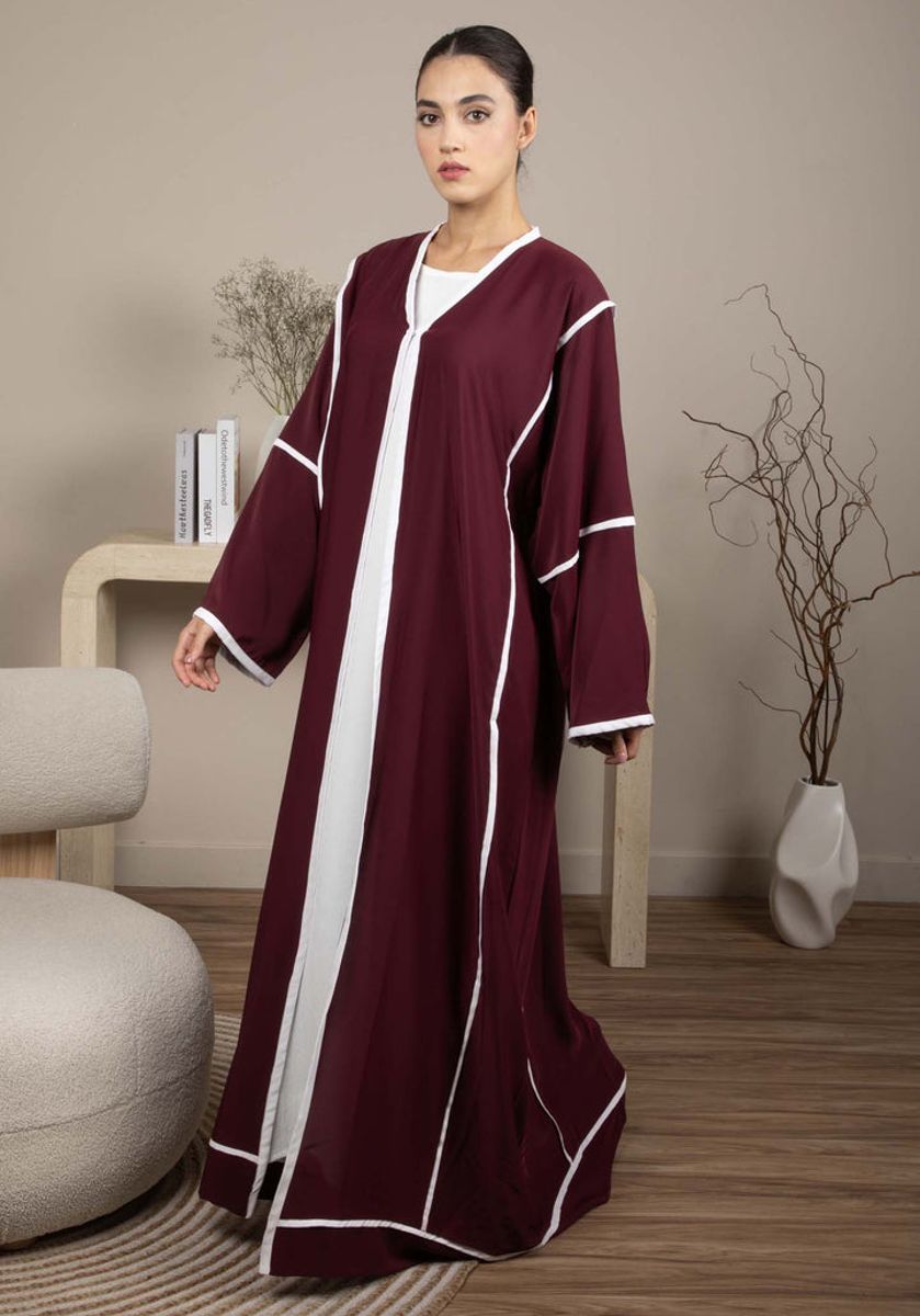 Elegant Front Open Maroon Nida Abaya with White Contrast Piping Elegant Front Open Maroon Nida Abaya with White Contrast Piping