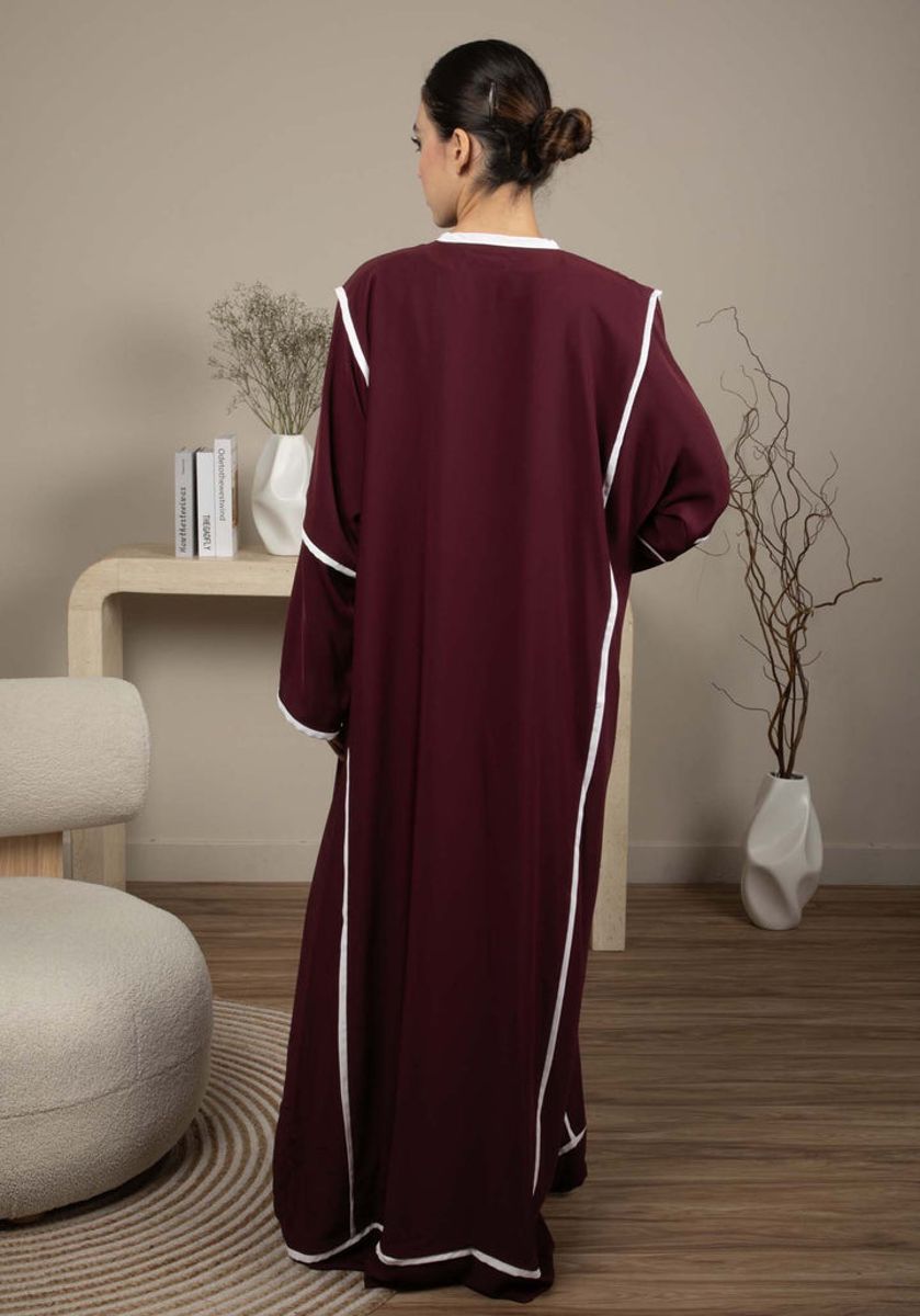Elegant Front Open Maroon Nida Abaya with White Contrast Piping Elegant Front Open Maroon Nida Abaya with White Contrast Piping