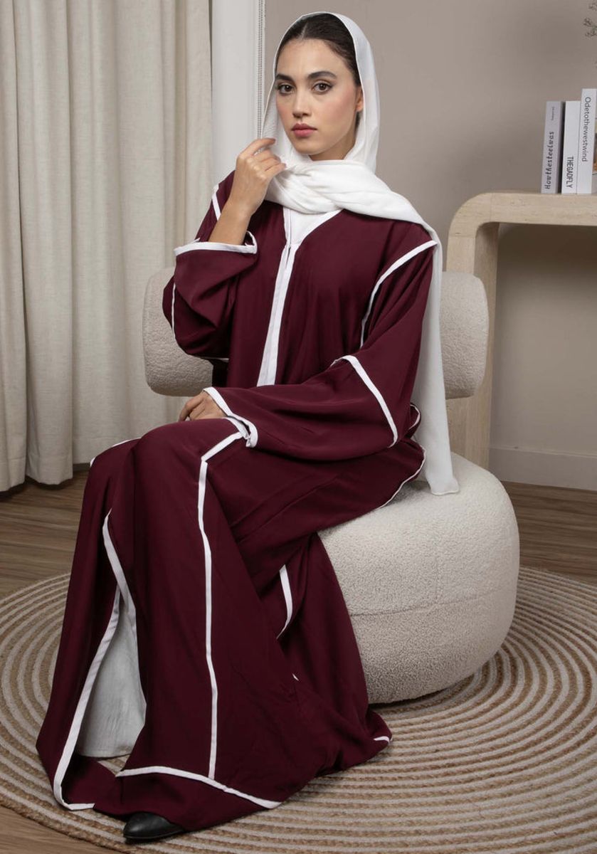 Elegant Front Open Maroon Nida Abaya with White Contrast Piping Elegant Front Open Maroon Nida Abaya with White Contrast Piping