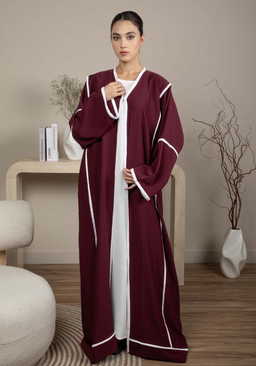 Elegant Front Open Maroon Nida Abaya with White Contrast Piping Elegant Front Open Maroon Nida Abaya with White Contrast Piping