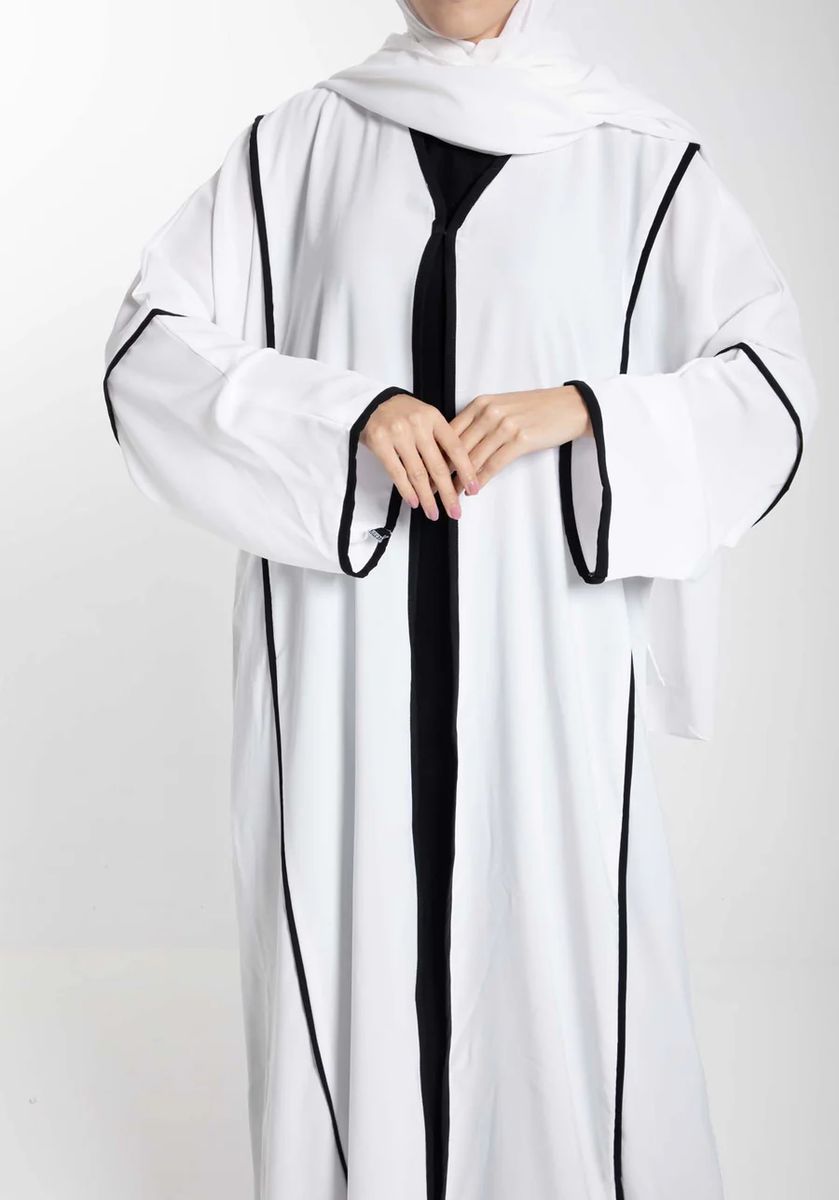 Elegant Front Open White Nida Abaya with Black Contrast Piping