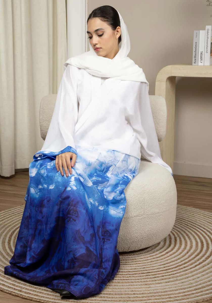 Linen Fabric Abaya with White and Blue Shades with Headscarf