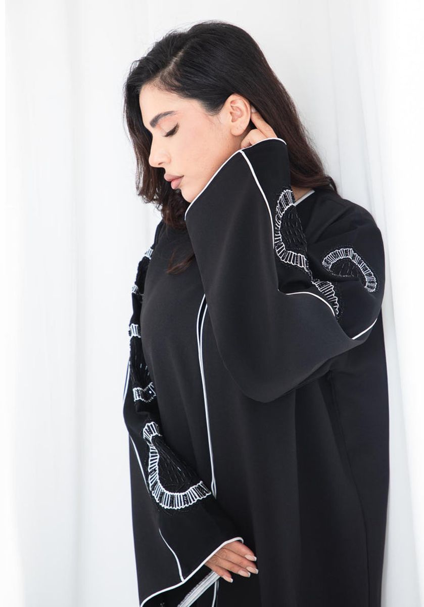 Black Phua Fabric Abaya with Thread Work Embroidery and Headscarf Msquare Fashion - Women's Abayas 3