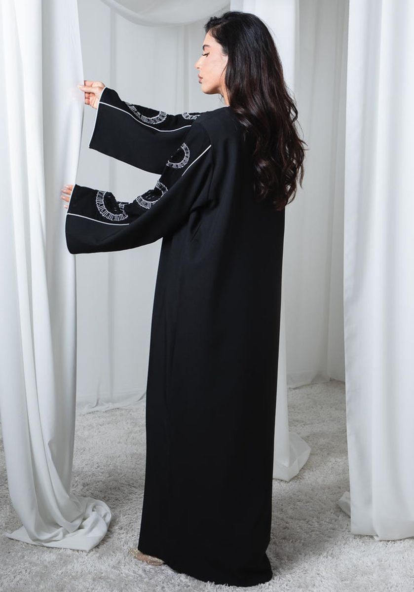 Black Phua Fabric Abaya with Thread Work Embroidery and Headscarf Msquare Fashion - Women's Abayas 5