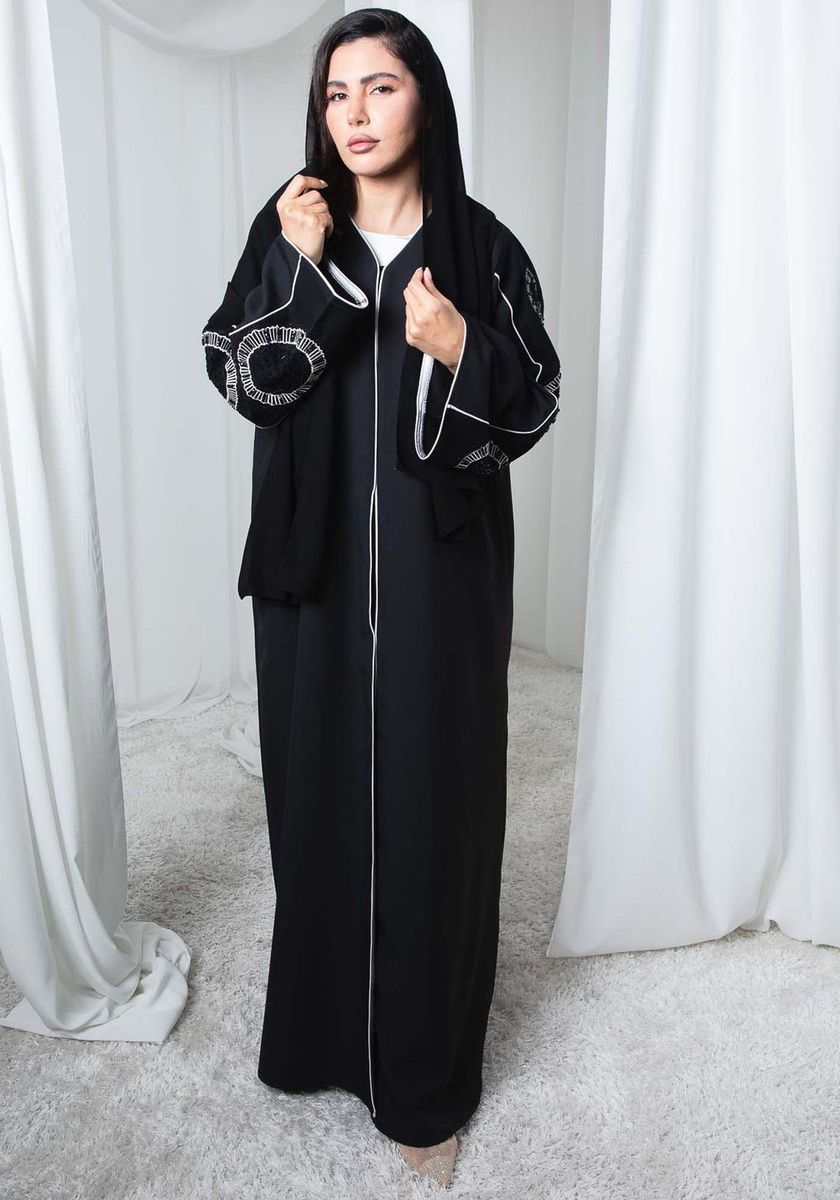 Black Phua Fabric Abaya with Thread Work Embroidery and Headscarf Msquare Fashion - Women's Abayas 11
