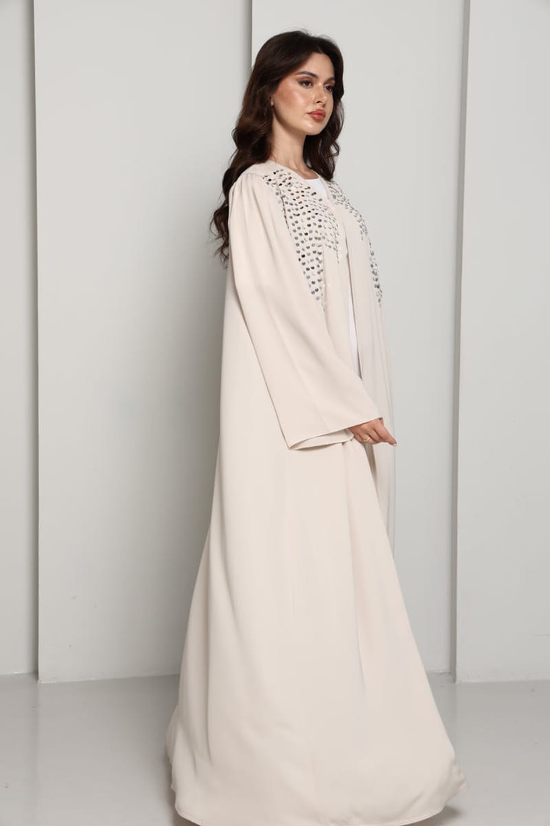 Modern Open Abaya with Silver Sequin Handwork | Premium Fabric Cream Edition Msquare Fashion - Women's Abayas 1