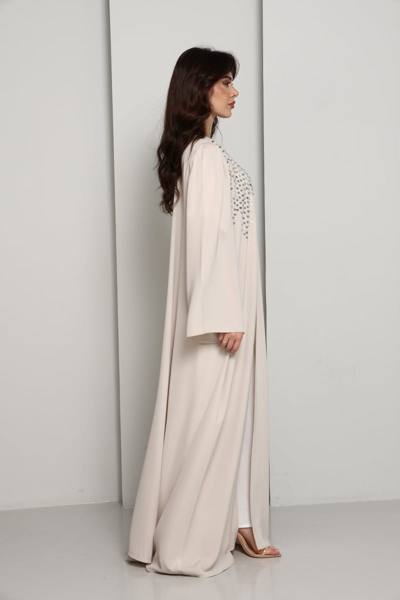 Modern Open Abaya with Silver Sequin Handwork | Premium Fabric Cream Edition Msquare Fashion - Women's Abayas 2