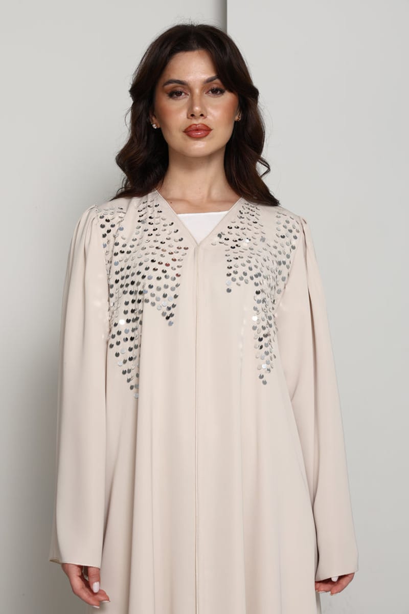 Modern Open Abaya with Silver Sequin Handwork | Premium Fabric Cream Edition Msquare Fashion - Women's Abayas 4