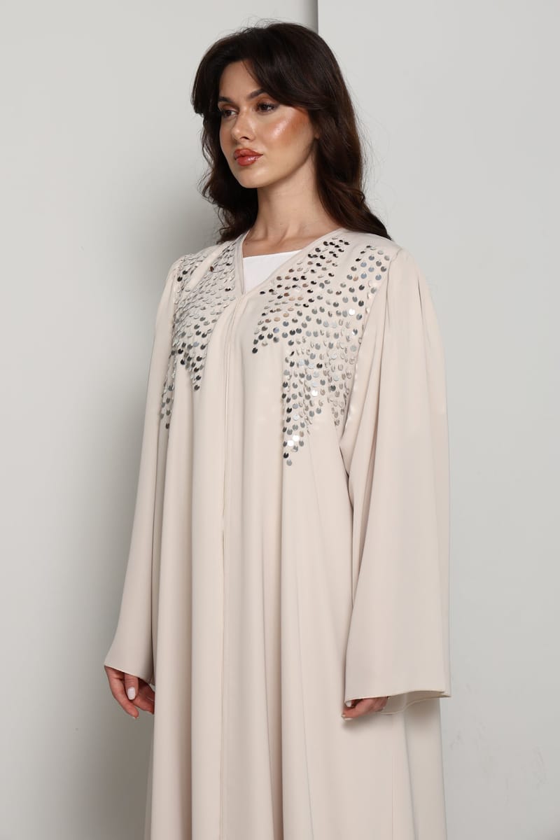 Modern Open Abaya with Silver Sequin Handwork | Premium Fabric Cream Edition Msquare Fashion - Women's Abayas 5