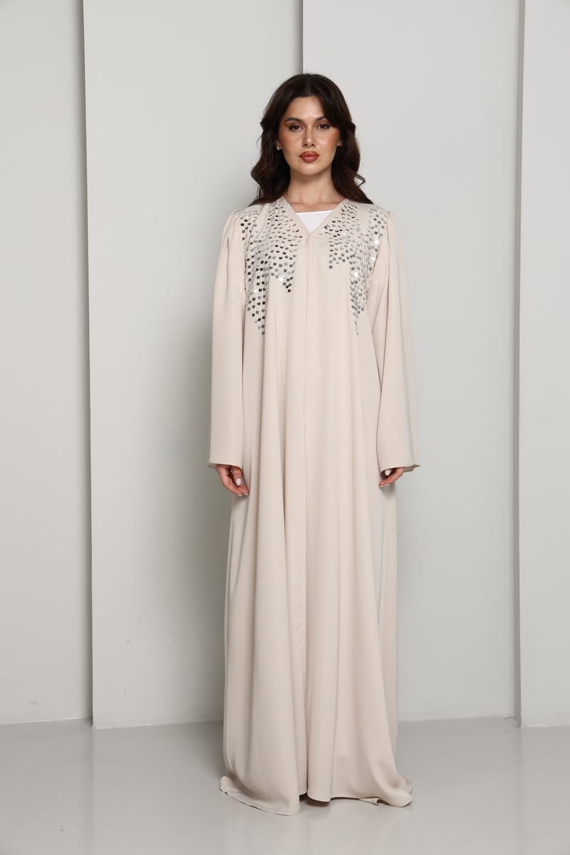 Modern Open Abaya with Silver Sequin Handwork | Premium Fabric Cream Edition Msquare Fashion - Women's Abayas 11