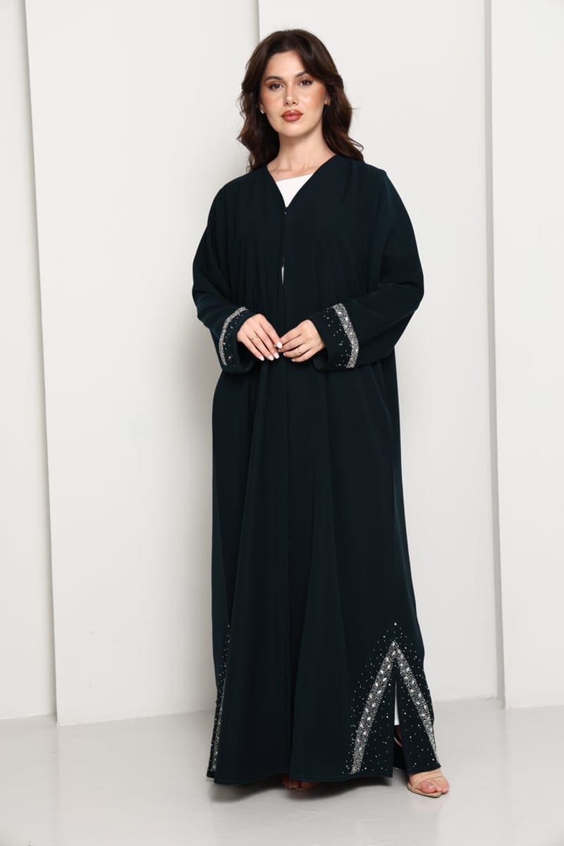 Deep Forest Green Open Front Luxury Abaya with Star Scatter Rhinestone Cuffs & Hem Msquare Fashion - Women's Abayas 1