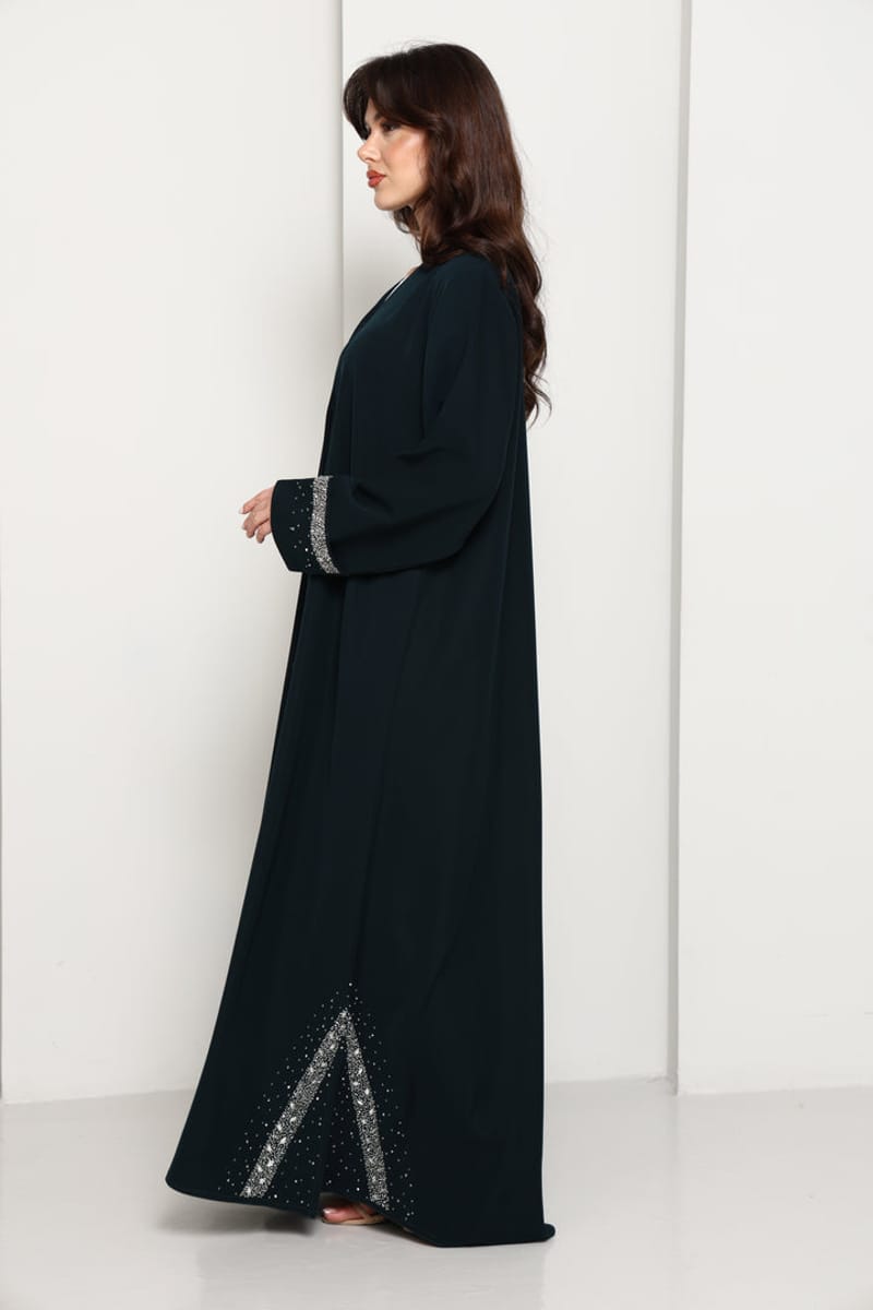 Deep Forest Green Open Front Luxury Abaya with Star Scatter Rhinestone Cuffs & Hem Msquare Fashion - Women's Abayas 2