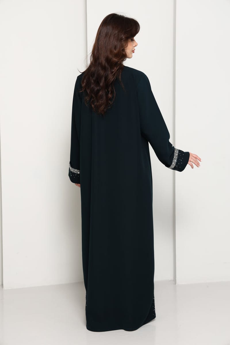 Deep Forest Green Open Front Luxury Abaya with Star Scatter Rhinestone Cuffs & Hem Msquare Fashion - Women's Abayas 5