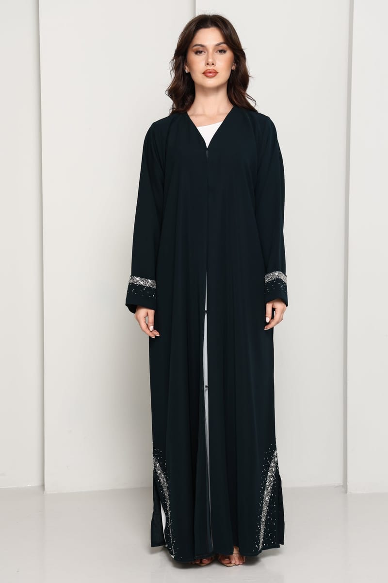 Deep Forest Green Open Front Luxury Abaya with Star Scatter Rhinestone Cuffs & Hem Msquare Fashion - Women's Abayas 11