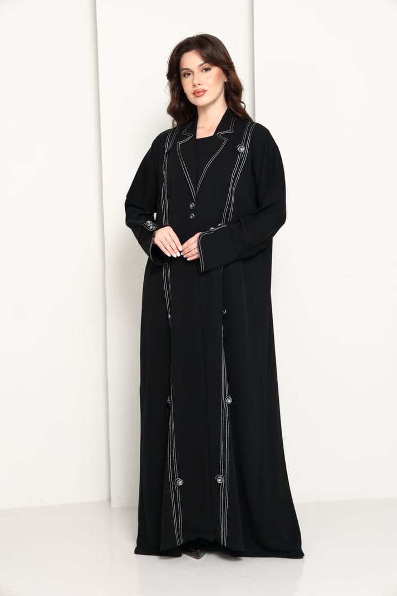 Jet Black Open Abaya with Tailored Lapel & Contrast Stitch Detailing Msquare Fashion - Women's Abayas 1