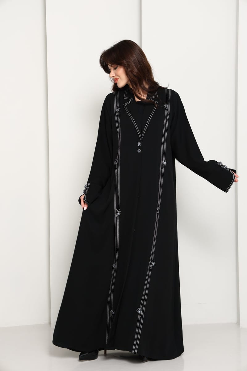 Jet Black Open Abaya with Tailored Lapel & Contrast Stitch Detailing Msquare Fashion - Women's Abayas 2