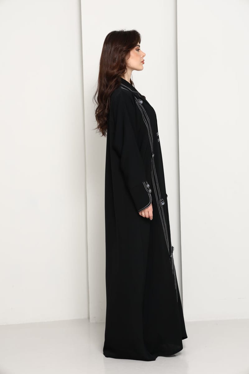 Jet Black Open Abaya with Tailored Lapel & Contrast Stitch Detailing Msquare Fashion - Women's Abayas 3