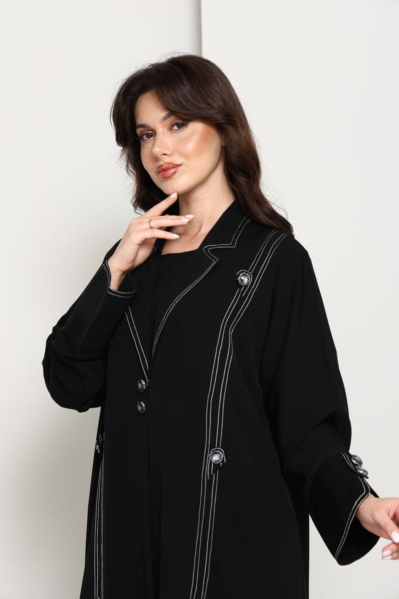 Jet Black Open Abaya with Tailored Lapel & Contrast Stitch Detailing Msquare Fashion - Women's Abayas 4