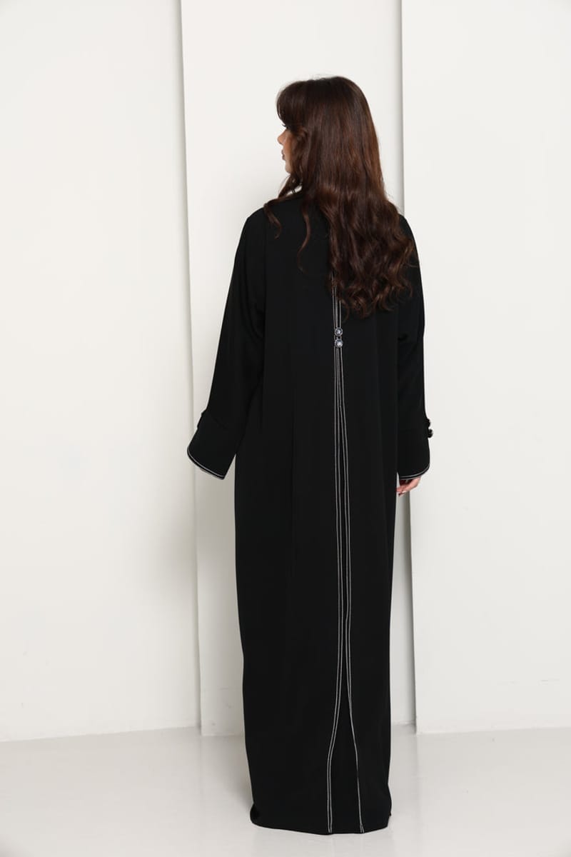 Jet Black Open Abaya with Tailored Lapel & Contrast Stitch Detailing Msquare Fashion - Women's Abayas 5