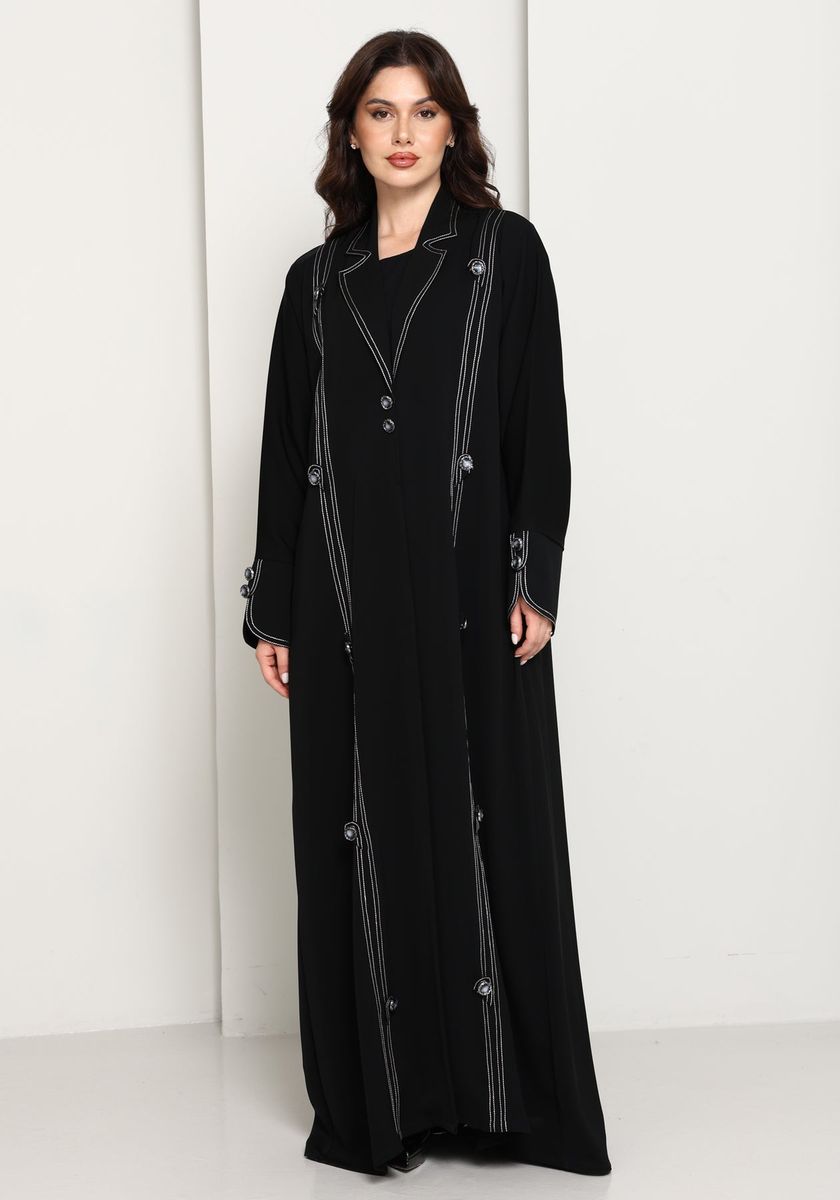 Jet Black Open Abaya with Tailored Lapel & Contrast Stitch Detailing Msquare Fashion - Women's Abayas 11