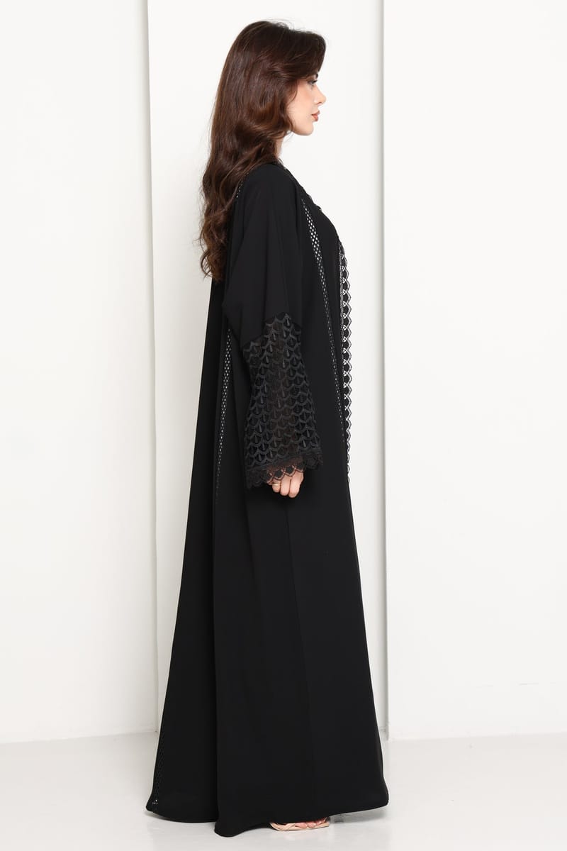 Black Open Abaya with Lace Sleeves & Front Panel Msquare Fashion - Women's Abayas 1
