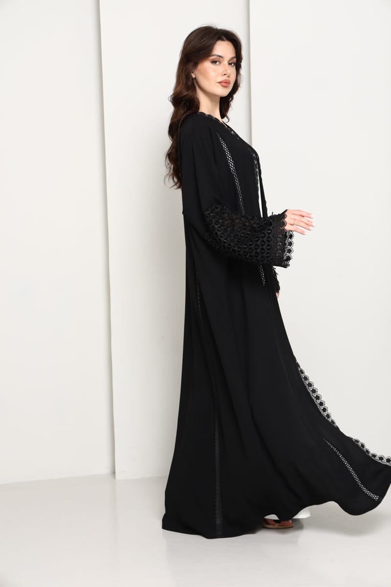 Black Open Abaya with Lace Sleeves & Front Panel Msquare Fashion - Women's Abayas 2