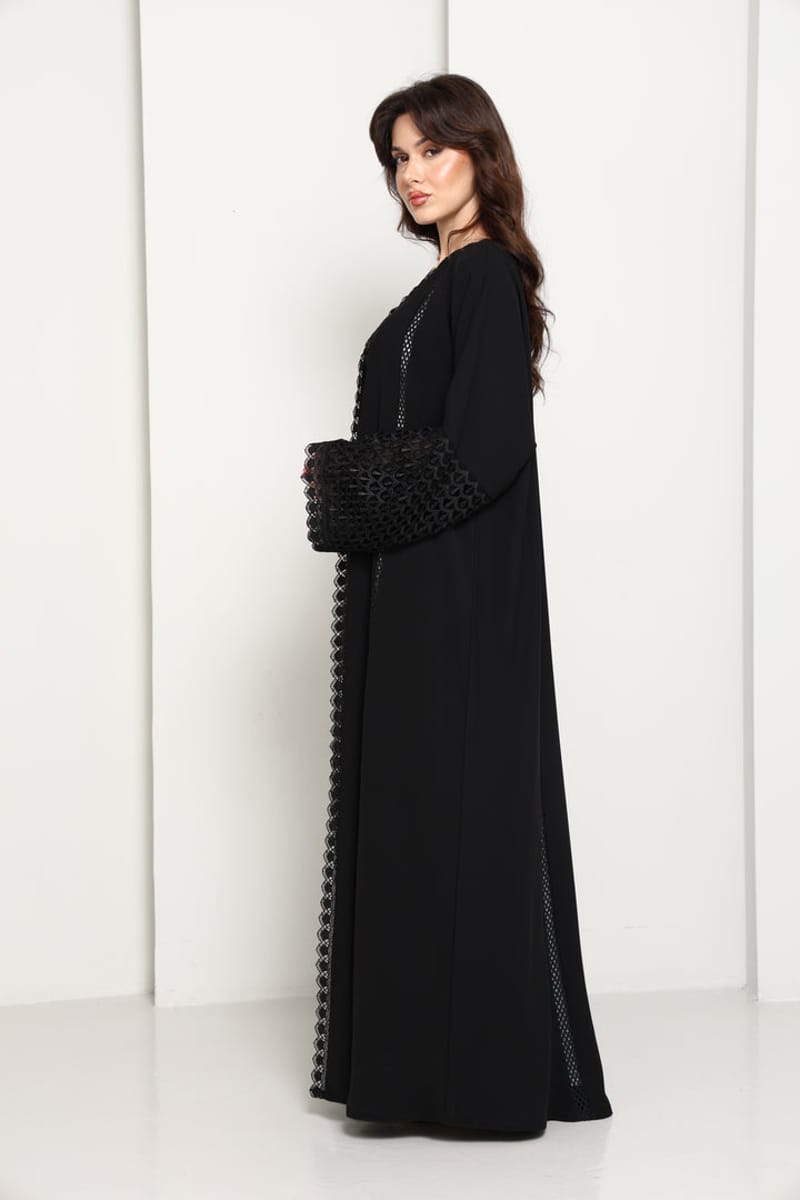 Black Open Abaya with Lace Sleeves & Front Panel Msquare Fashion - Women's Abayas 3