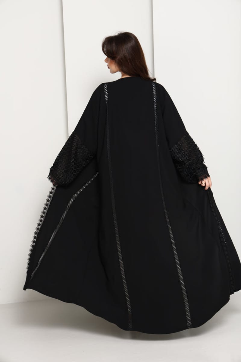 Black Open Abaya with Lace Sleeves & Front Panel Msquare Fashion - Women's Abayas 4